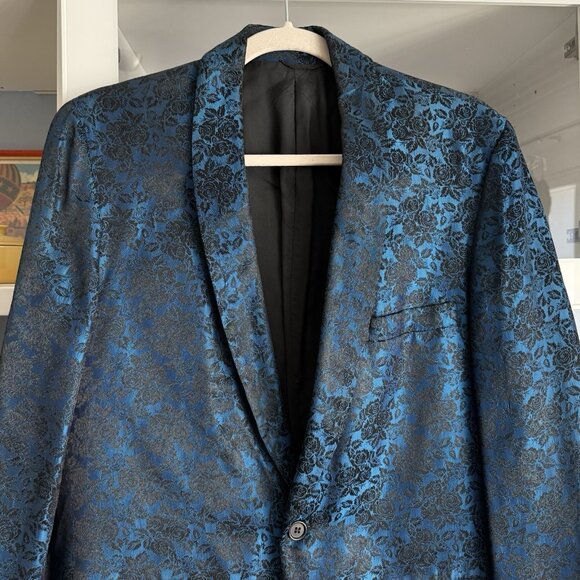 Vintage 60’s Blue Black Floral Jacquard Tuxedo Blazer Jacket 40” Chest - Picture 4 of 5